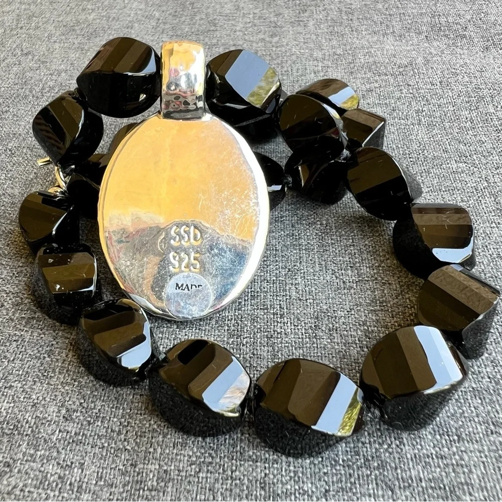 Black Beaded Necklace with Silver-Tone Pendant